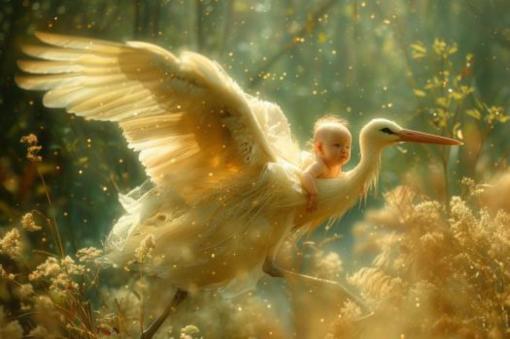 Un bébé sur une cigogne
