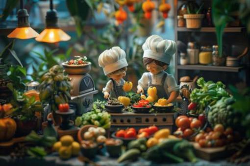 Des jouets habillés en cuisinier faisait de la cuisine avec beaucoup de légumes