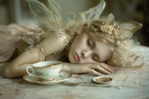 Une femme déguisée en fée dormant à côté d'une tasse de café